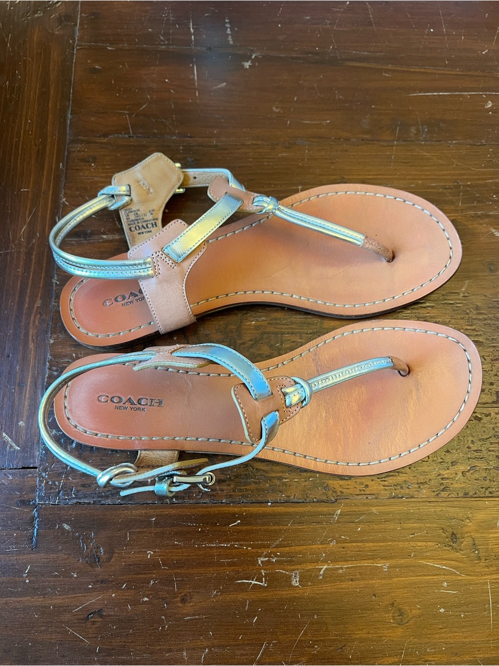 Coach Metallic Silver Leather T-Strap Sandals with Tan Footbed